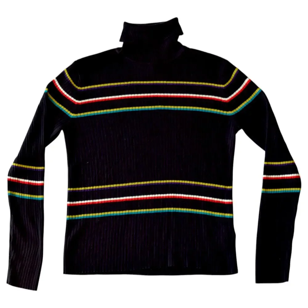 Vintage Evan Picone Striped Knit Turtleneck, Black & Colorful, Size Medium